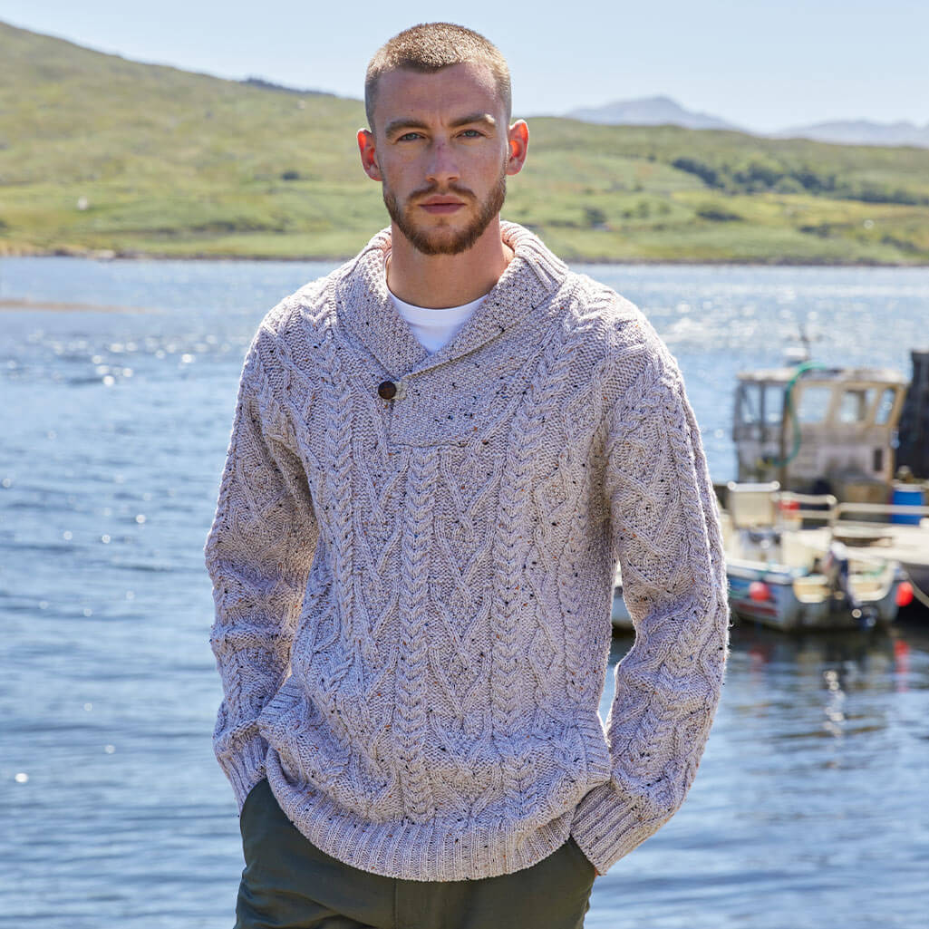 Men's Classic V-Neck One Button Aran Sweater - Image 3