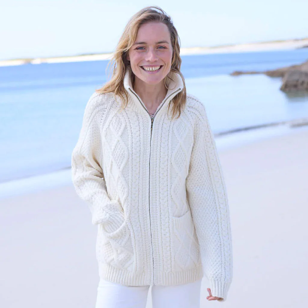 Women's Hand Knit Aran Zipper Cardigan - Image 4